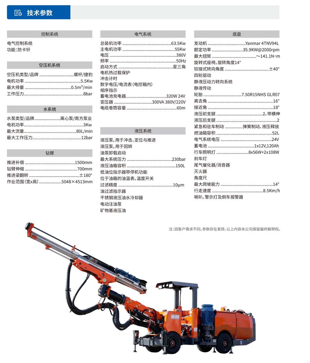 礦用液壓掘進鉆車技術(shù)參數(shù)